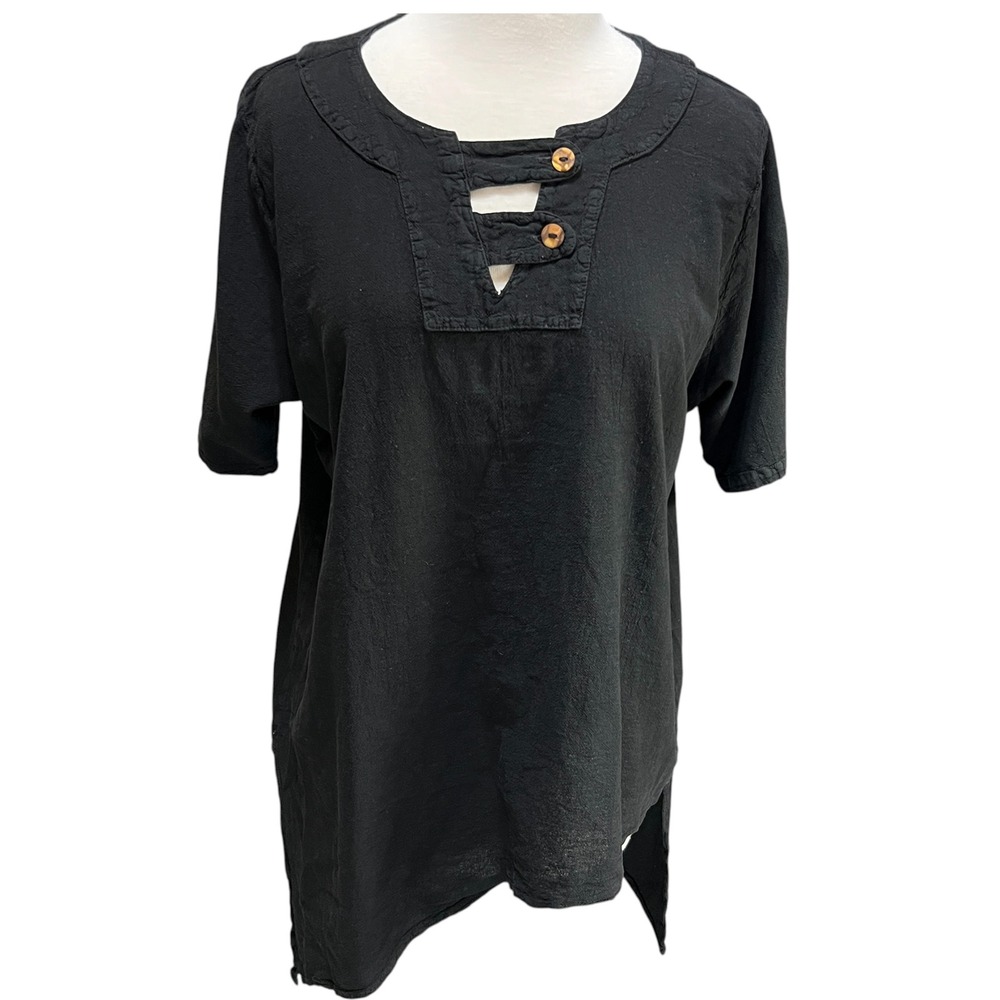 Cottonseed Womens Black Cotton Tunic Top Sz M Asymetrical Lagenlook Whimsigoth